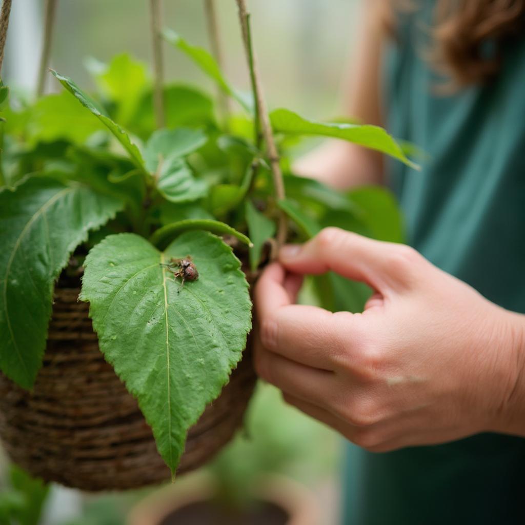 Inspecting a Hanging Basket for Pests