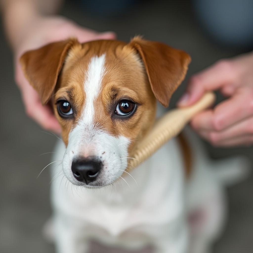 Jack Russell being groomed