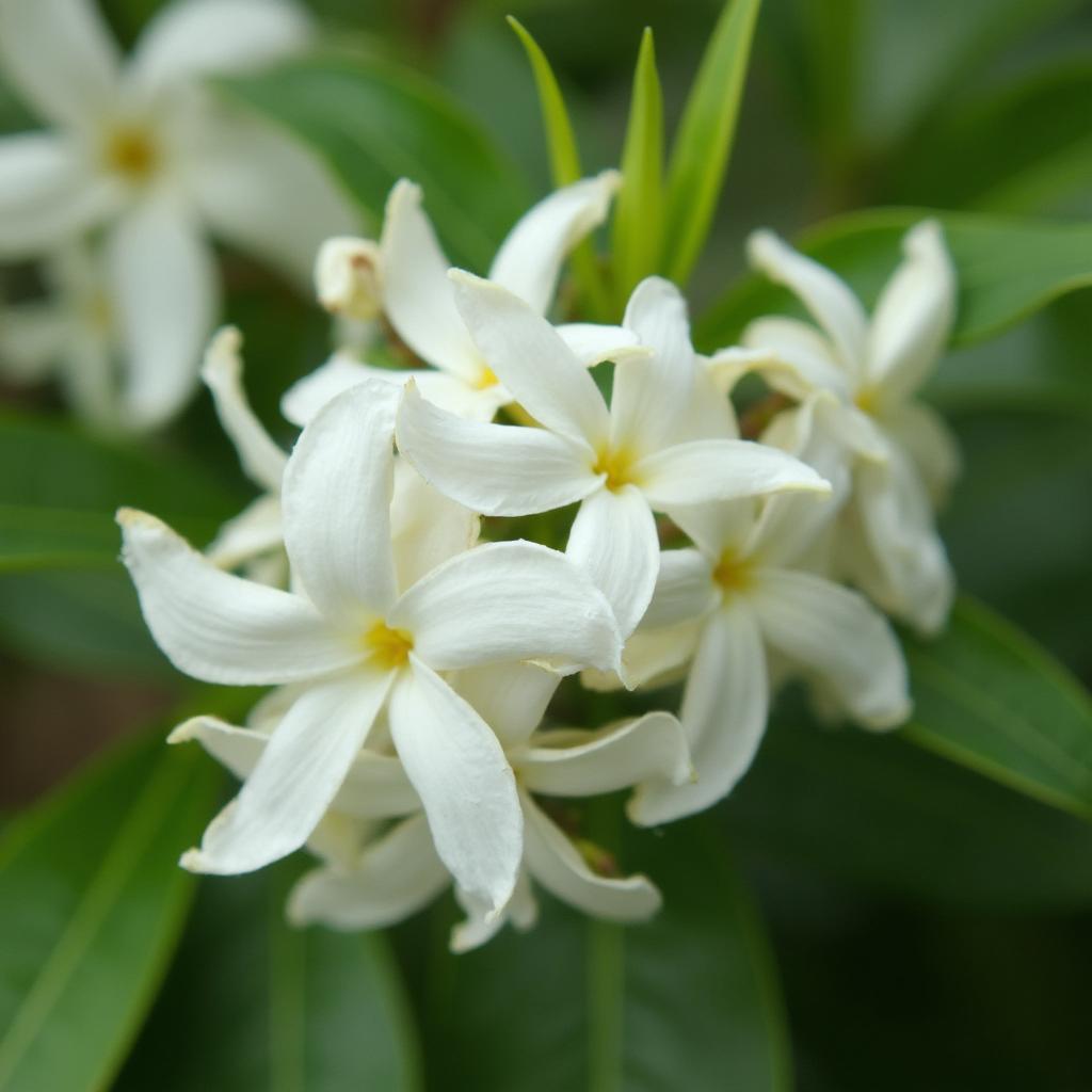 Close-up of a jasmine plant in full bloom with fragrant white flowers