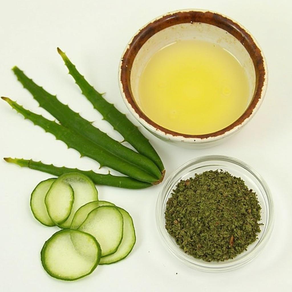 Common kitchen ingredients used in Hindi hair care remedies, such as coconut oil, aloe vera, and henna.