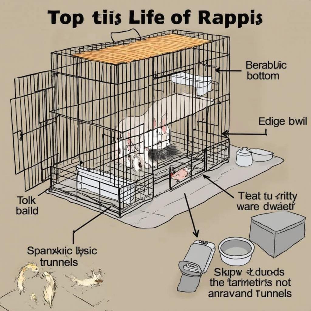 Lionhead rabbit cage setup with food, water, and toys