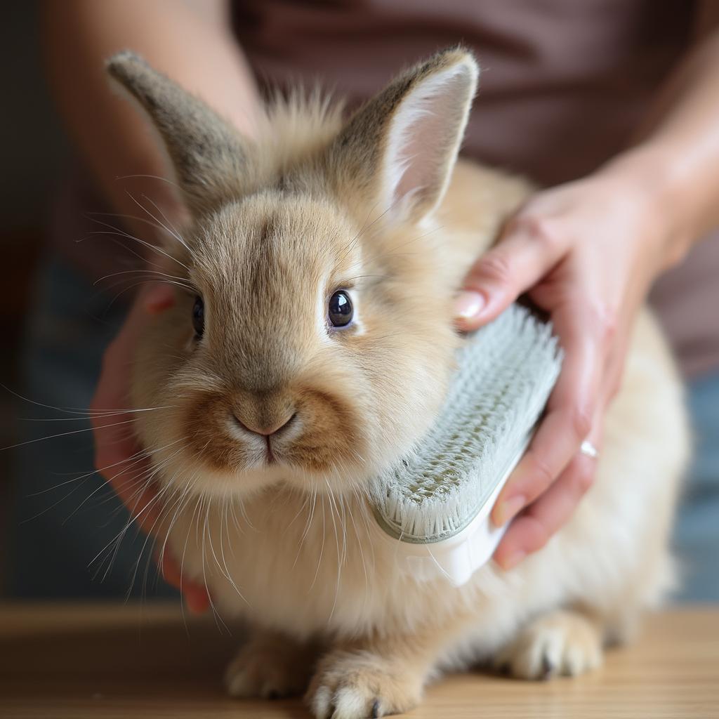 Grooming a Lionhead rabbit with a soft brush