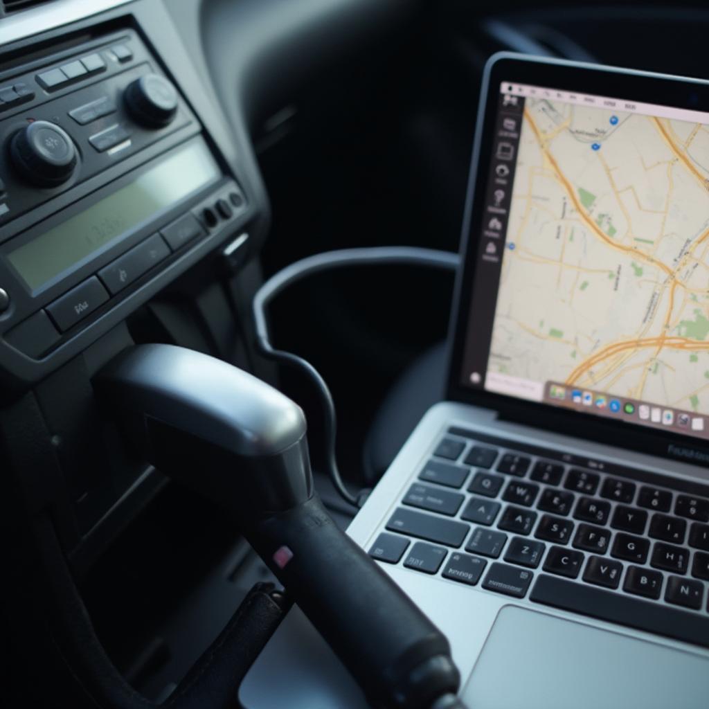 Macbook Pro being charged in a car using a car charger.