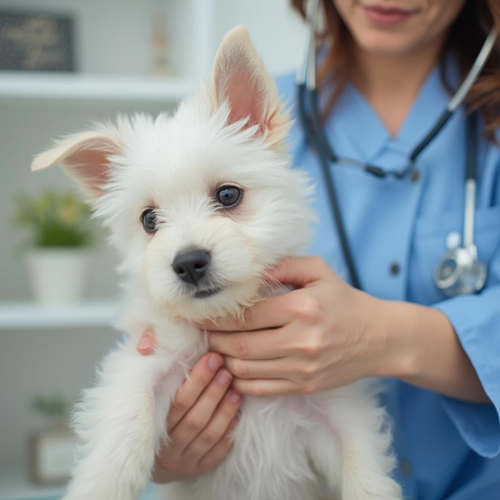 Maltese Puppy at the Veterinarian for a Checkup