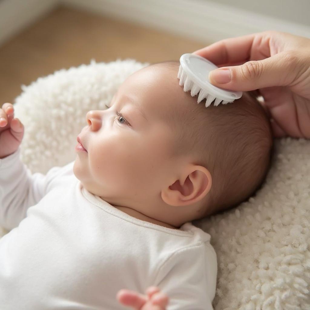 Gently brushing baby's scalp to manage cradle cap