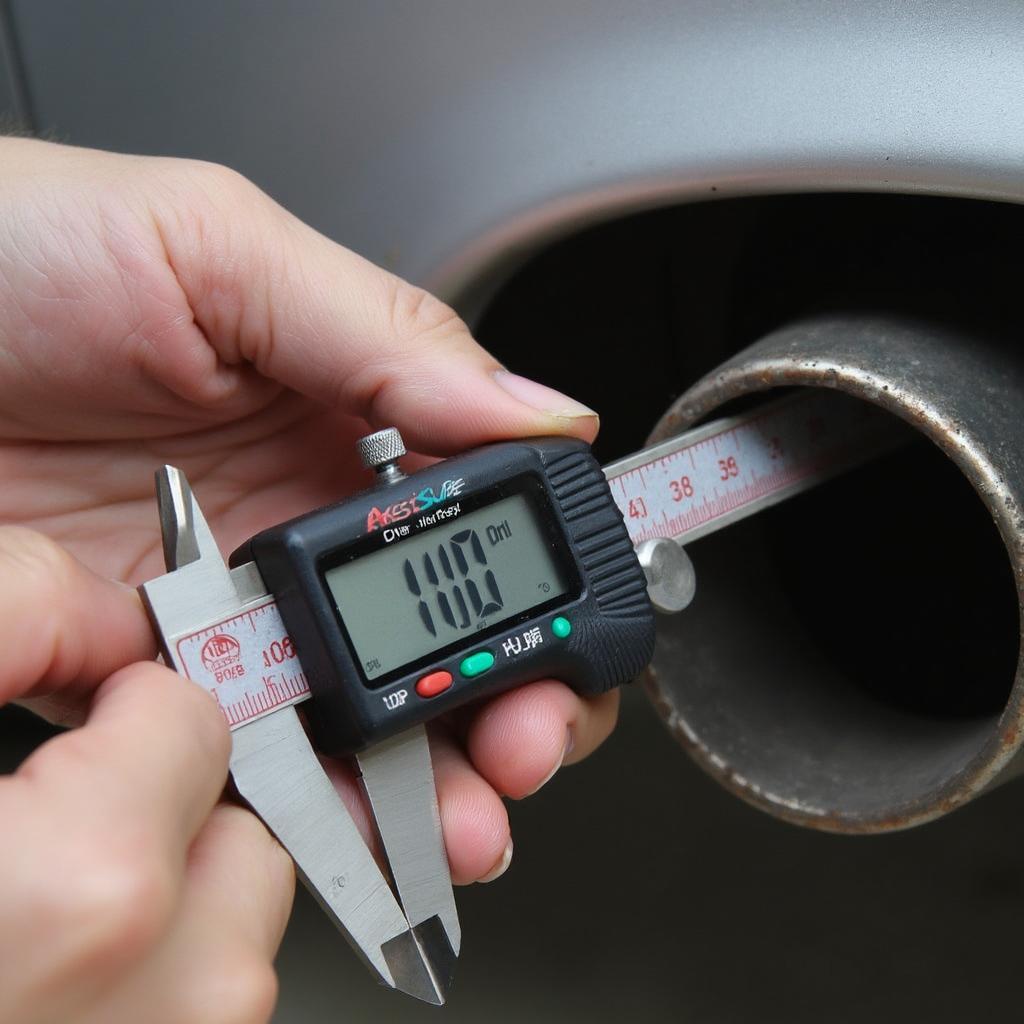 Using a caliper to measure exhaust pipe diameter for muffler tip fitment