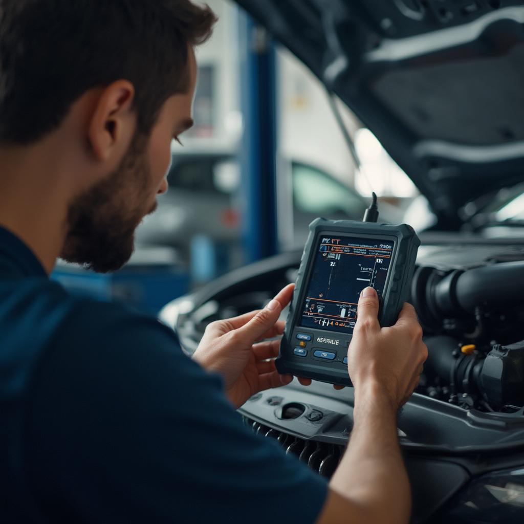 Mechanic Performing Engine Diagnostics for Smog Test