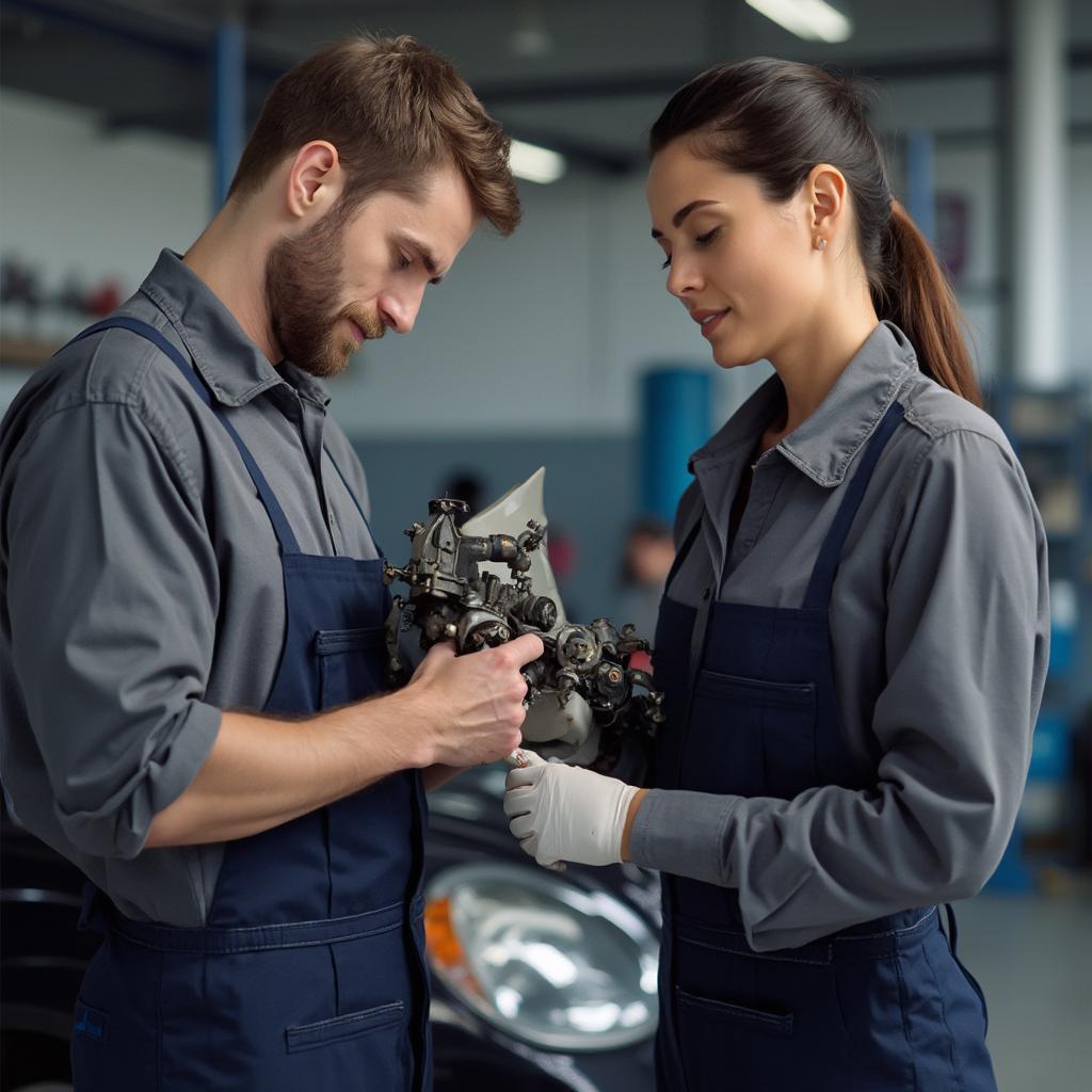 Mechanic explaining car repairs to customer in a transparent manner