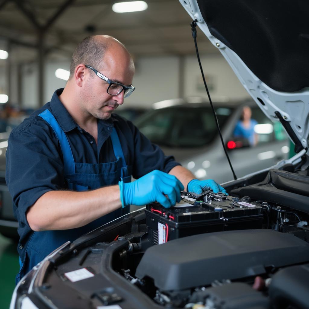 Mechanic Inspecting Hybrid Battery