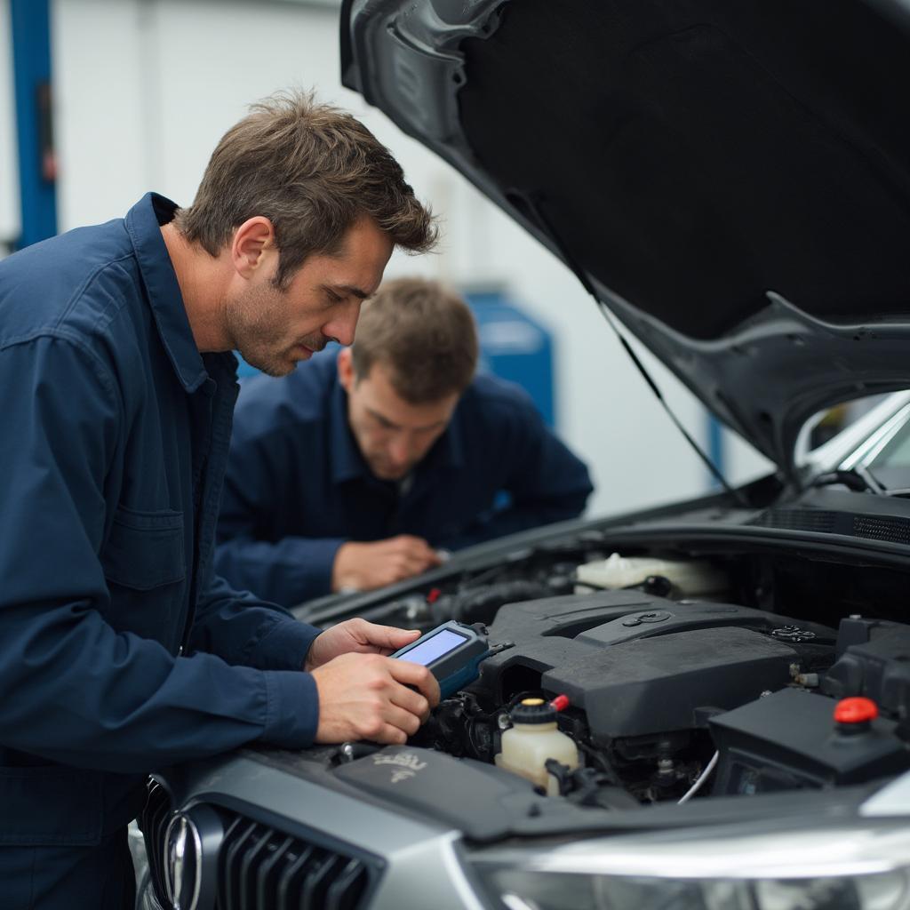 Mechanic inspecting a used car before purchase.