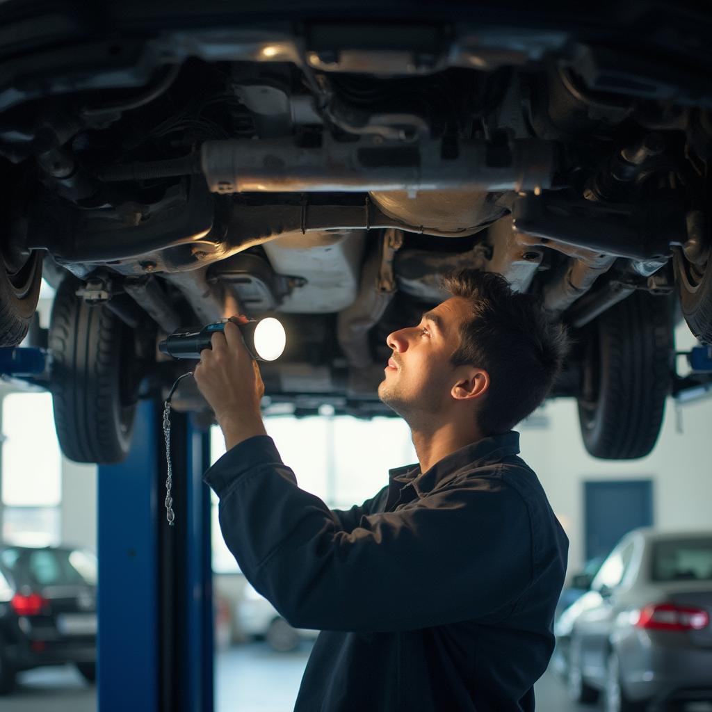 Mechanic inspecting a used car at a dealership