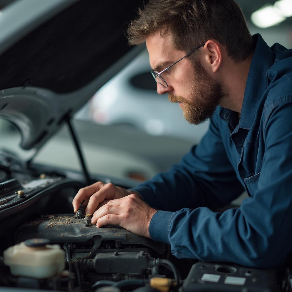 Mechanic Inspecting Used Car Engine