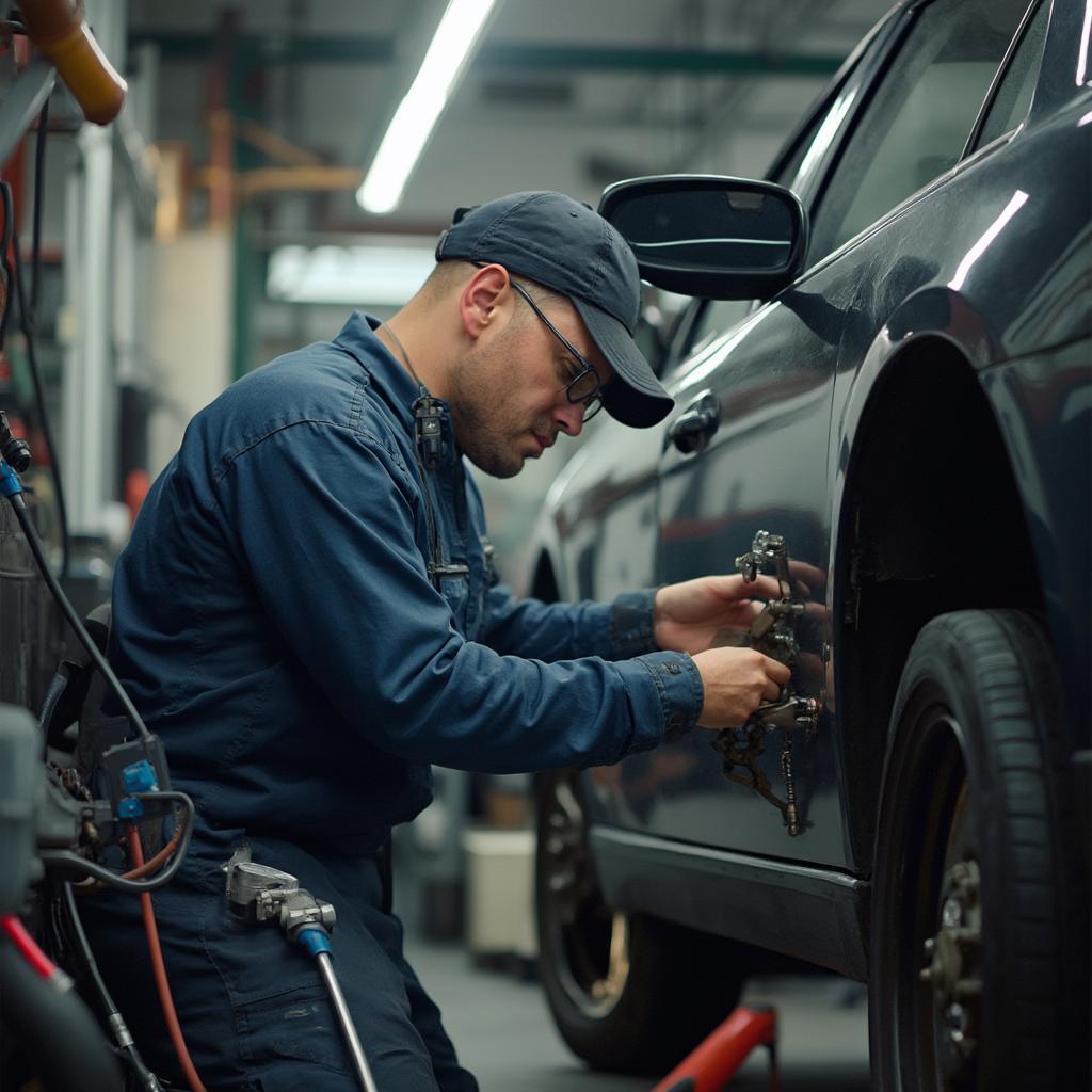 Professional car AC repair at a workshop.