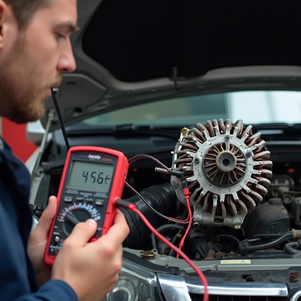 Mechanic testing a car alternator using a multimeter