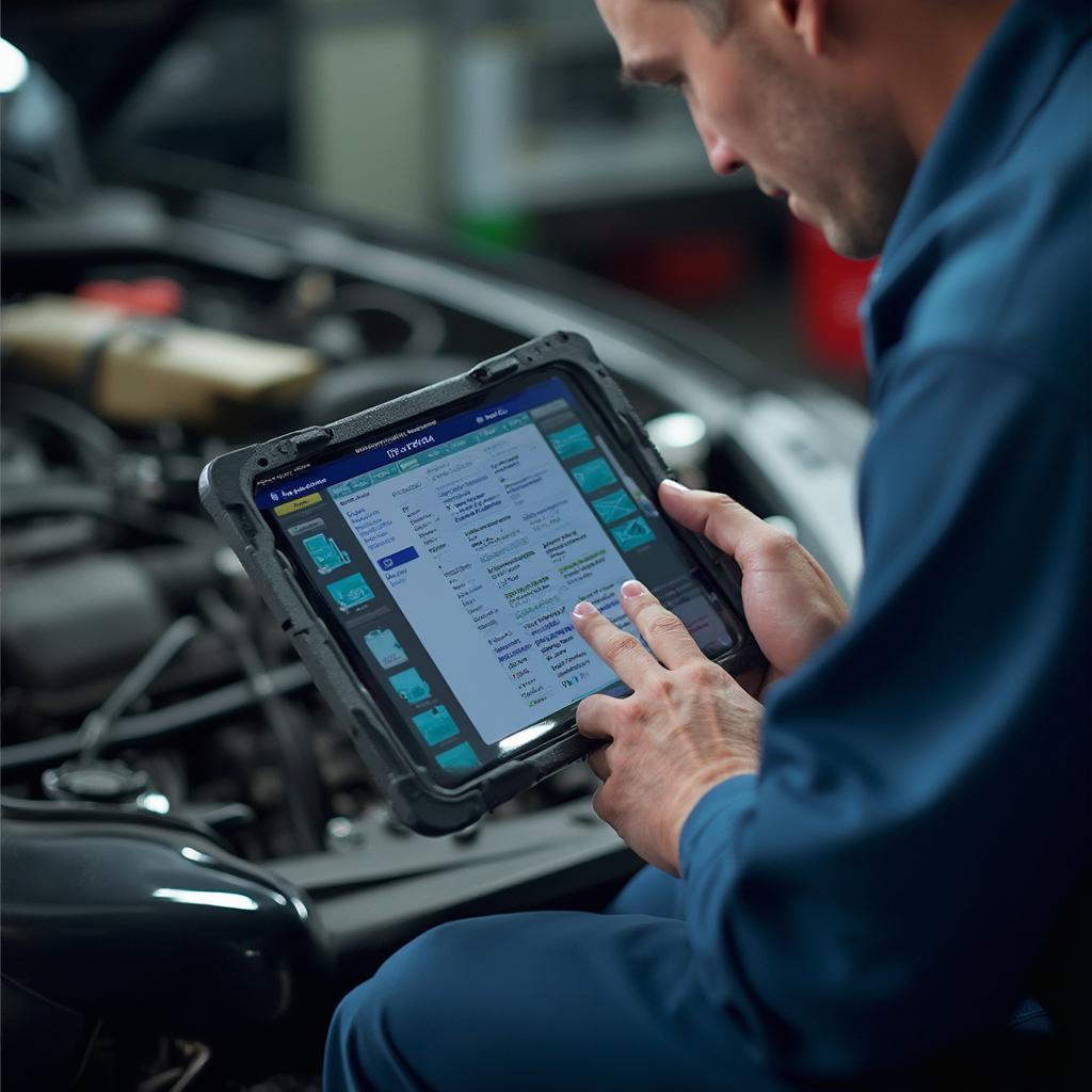 Mechanic Using Diagnostic Tablet