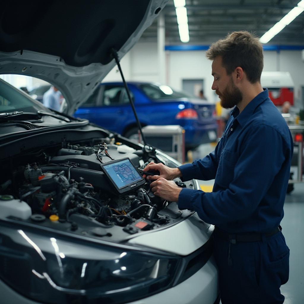 Mechanic Working on Electric Vehicle Engine