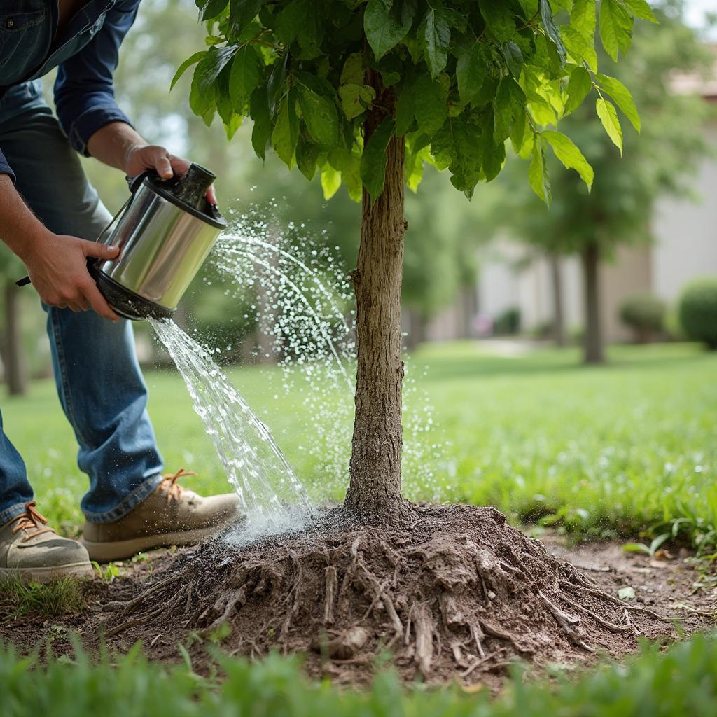 Watering a young Mexican Sycamore