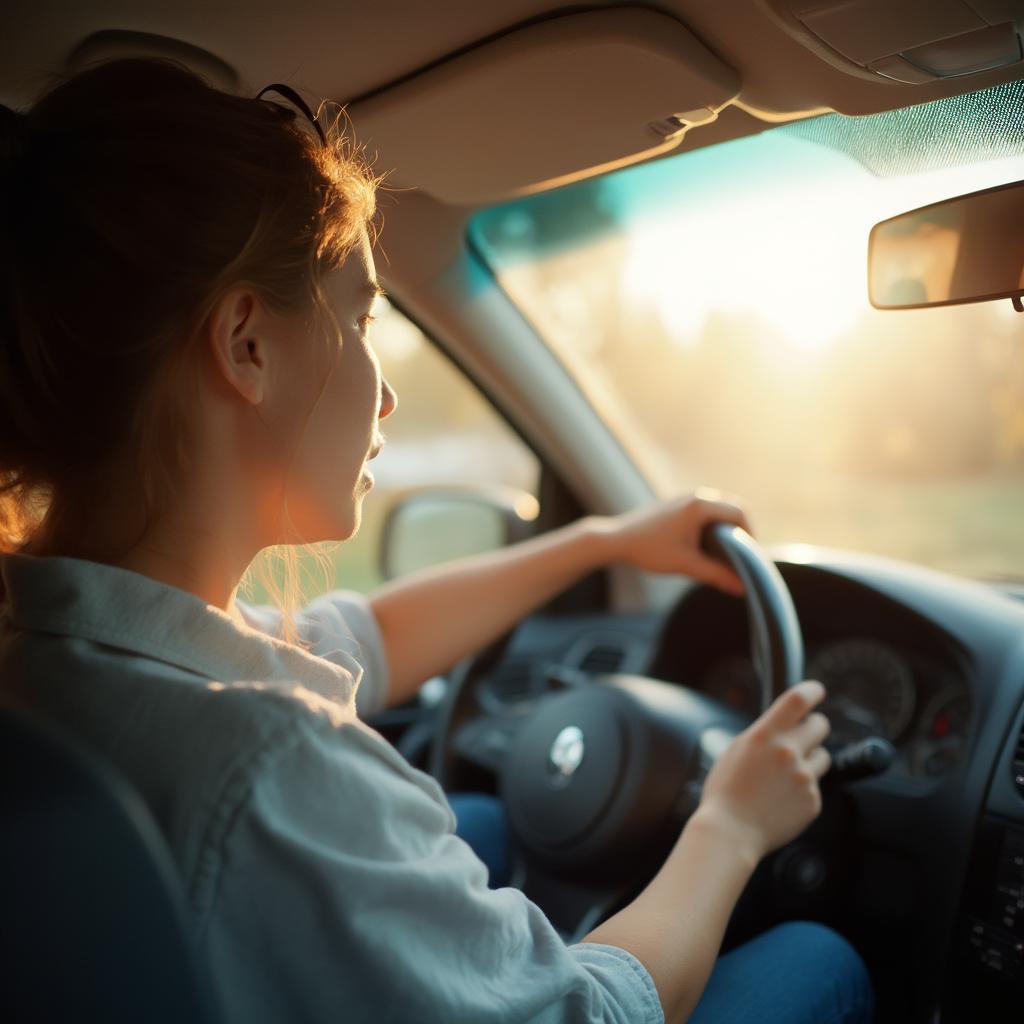 Teen driver mindfully adjusting car mirror before starting the engine