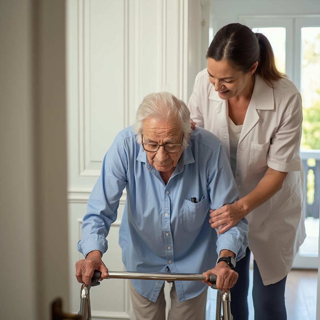 Elderly person using a walker with assistance from a caregiver