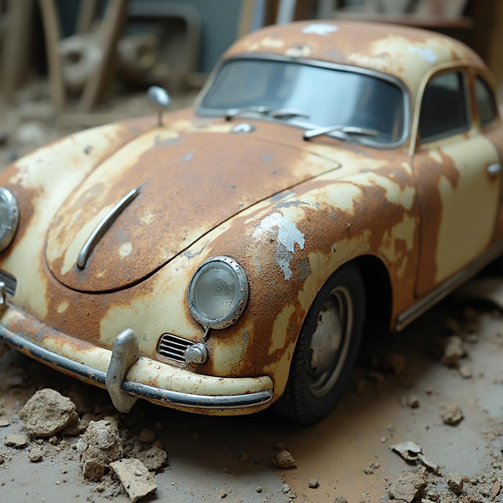 Model Car Weathering Techniques: A close-up view of various weathering techniques applied to a model car, including rust, dirt, and scratches.