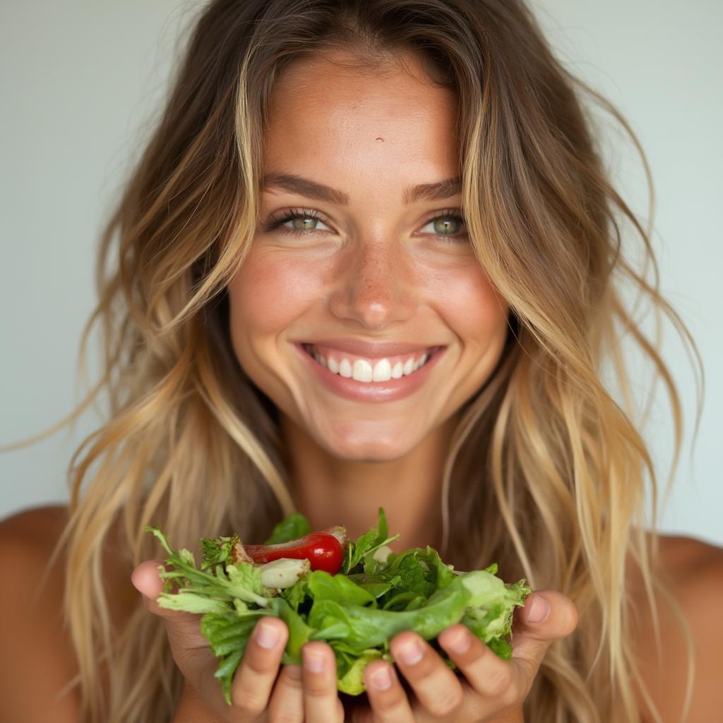 Model Eating Healthy Salad for Glowing Skin