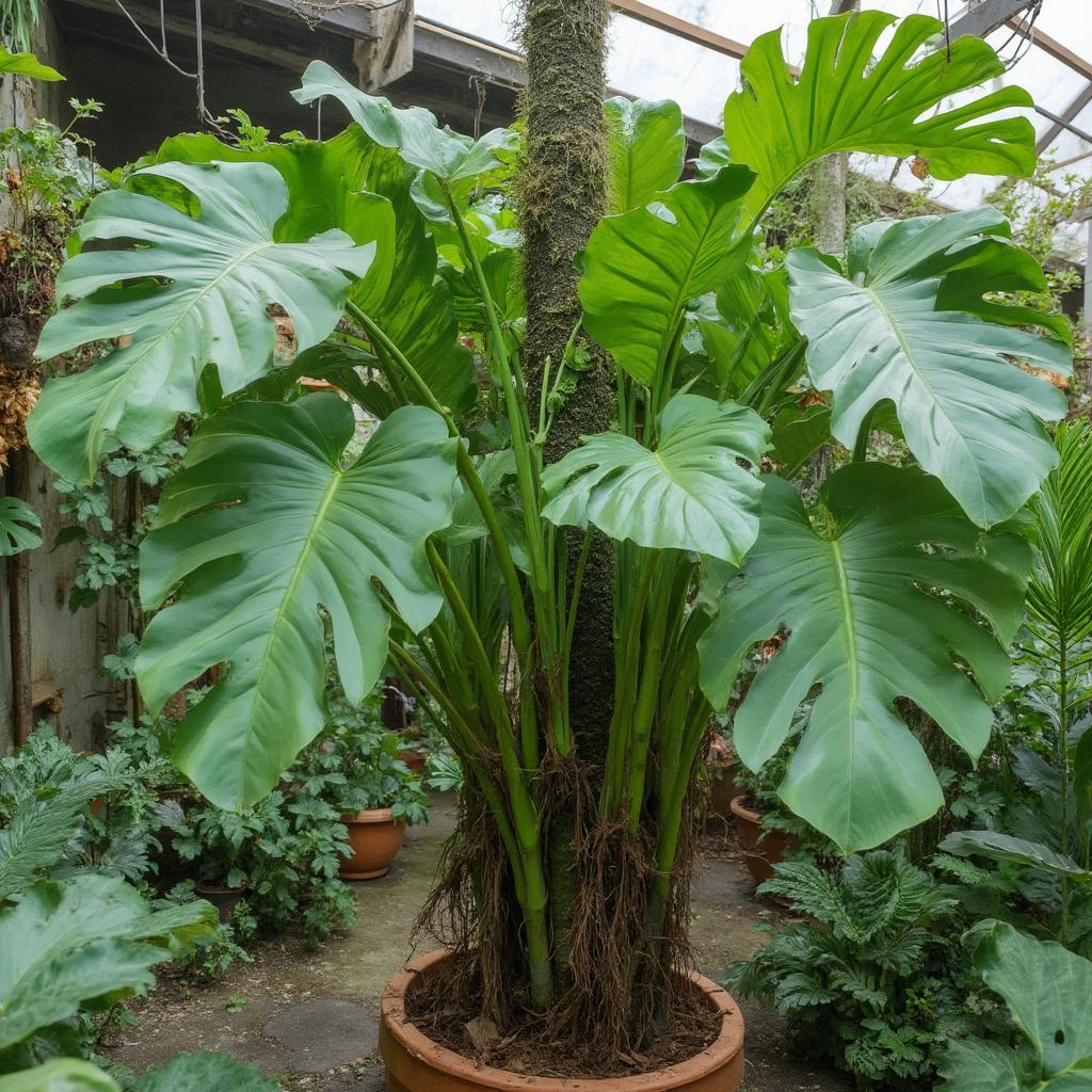 A Monstera Deliciosa supported by a moss pole, encouraging upward growth and providing stability.