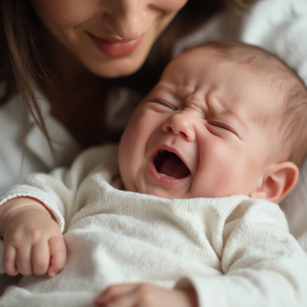 Mother soothing a crying baby with gentle rocking and shushing sounds