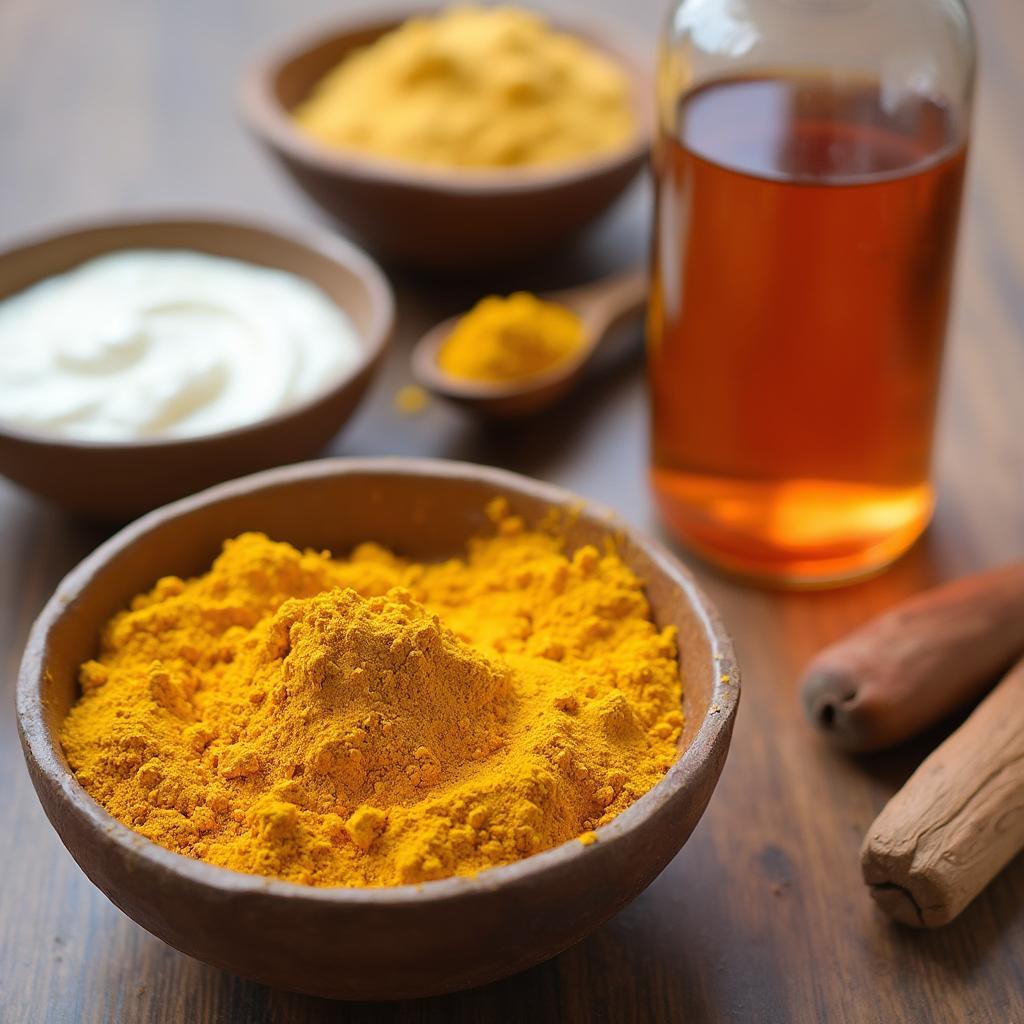 Ingredients for natural face masks including turmeric, yogurt, sandalwood, and rosewater.