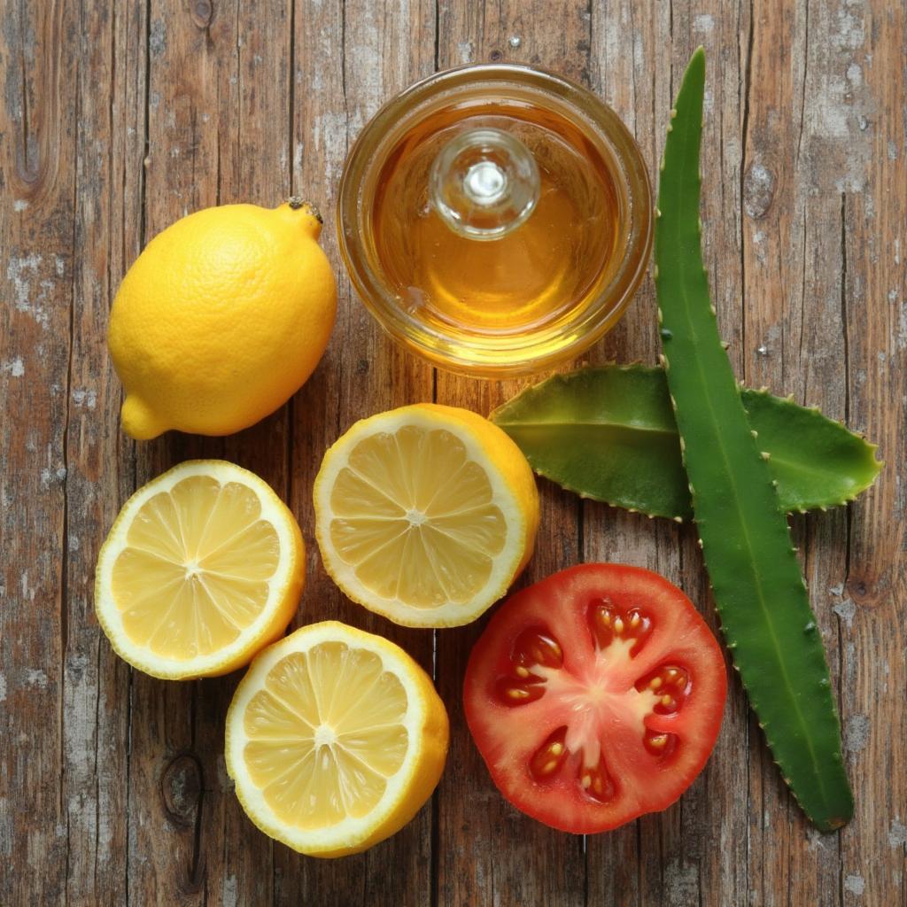 Assortment of natural ingredients for oily skincare: lemon, honey, aloe vera, and tomato