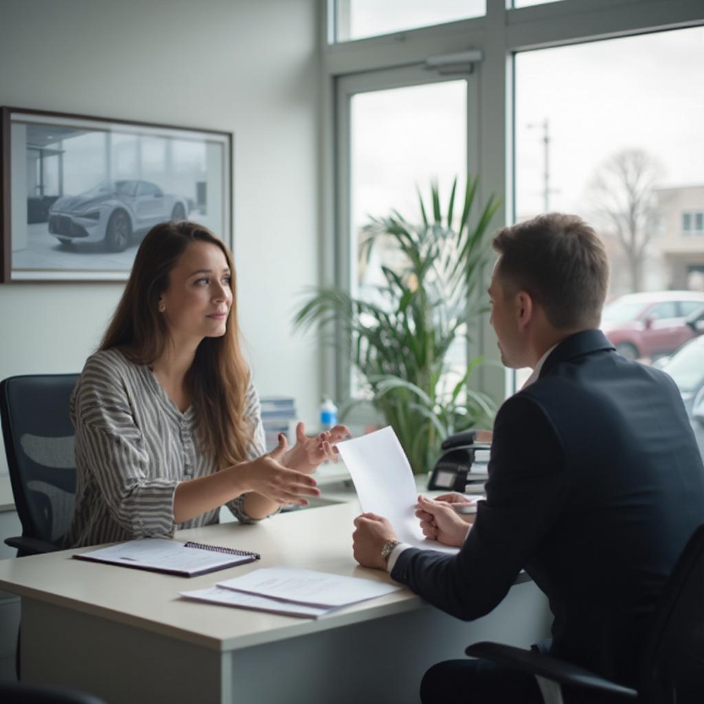 First-time buyer negotiating car price with a salesperson at a dealership