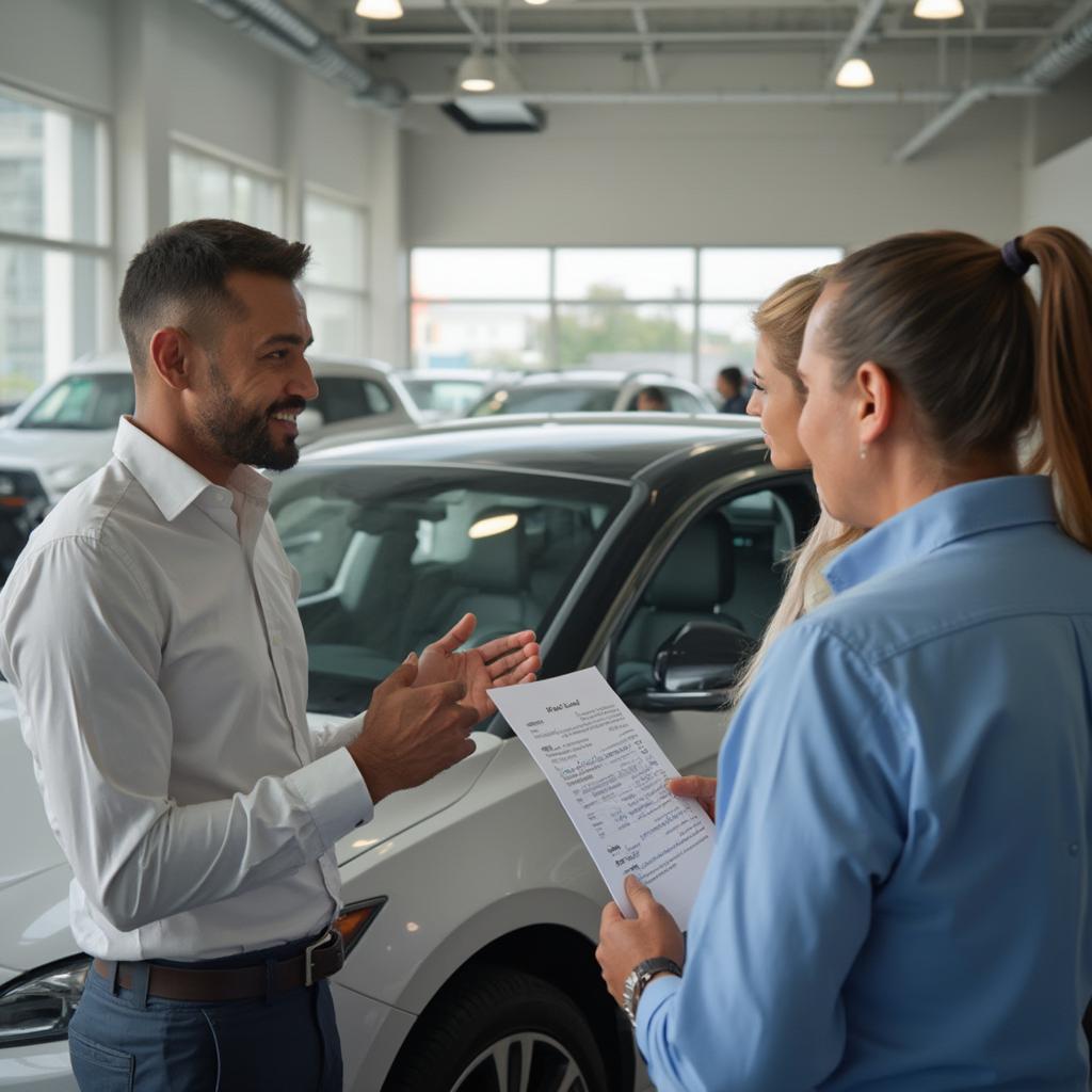 Negotiating the price of a new car with a car salesman at the dealership.