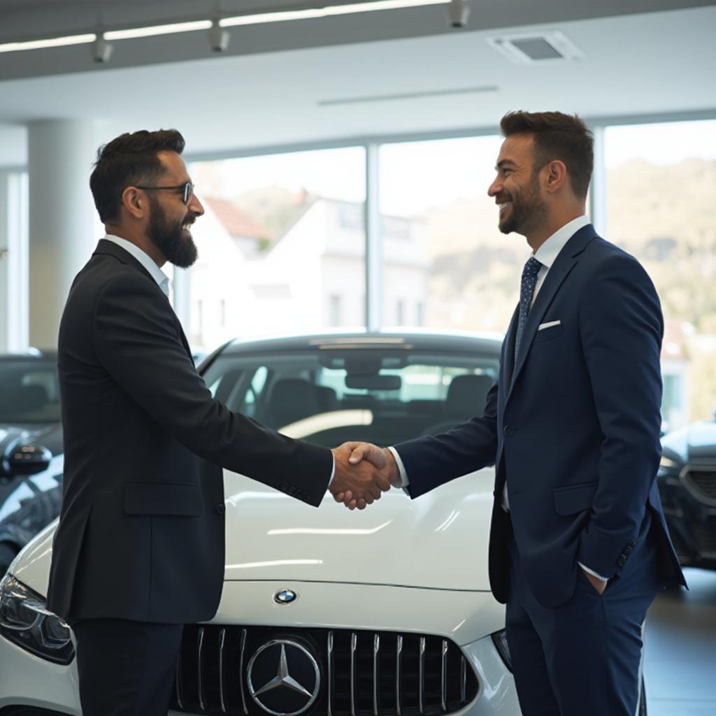 New Car Salesman Closing a Deal with a Happy Customer