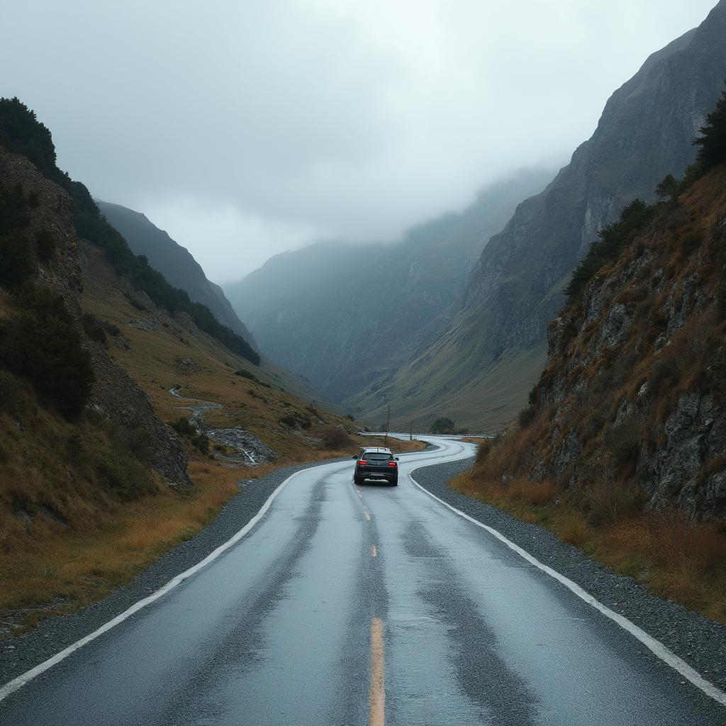 Driving on a Winding Mountain Road in New Zealand