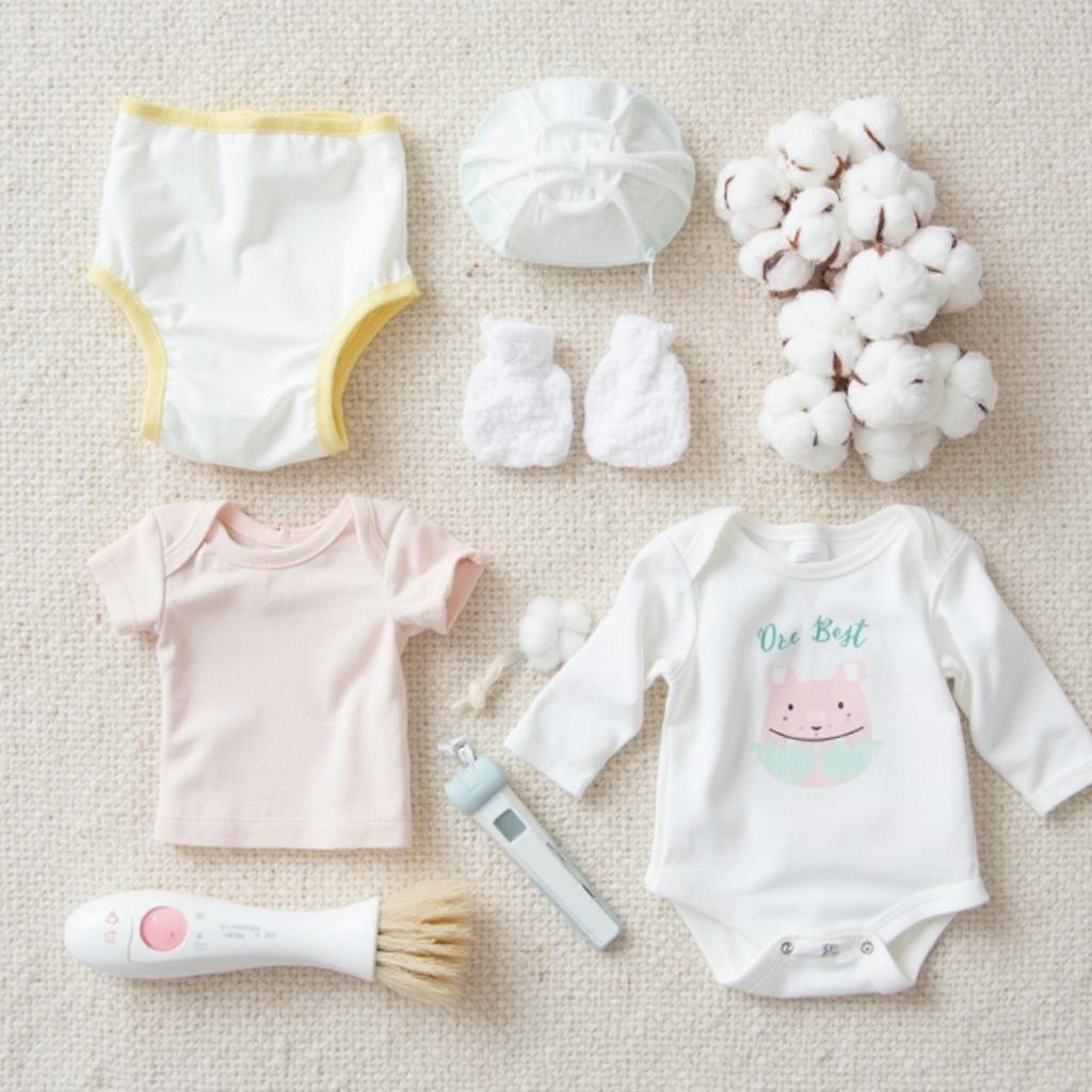 Essential newborn baby care items including diapers, wipes, and clothing.