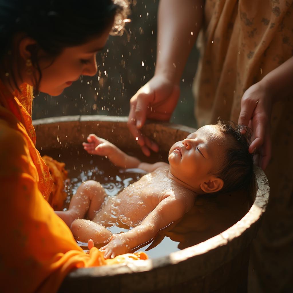 Bathing a newborn baby following Marathi traditions