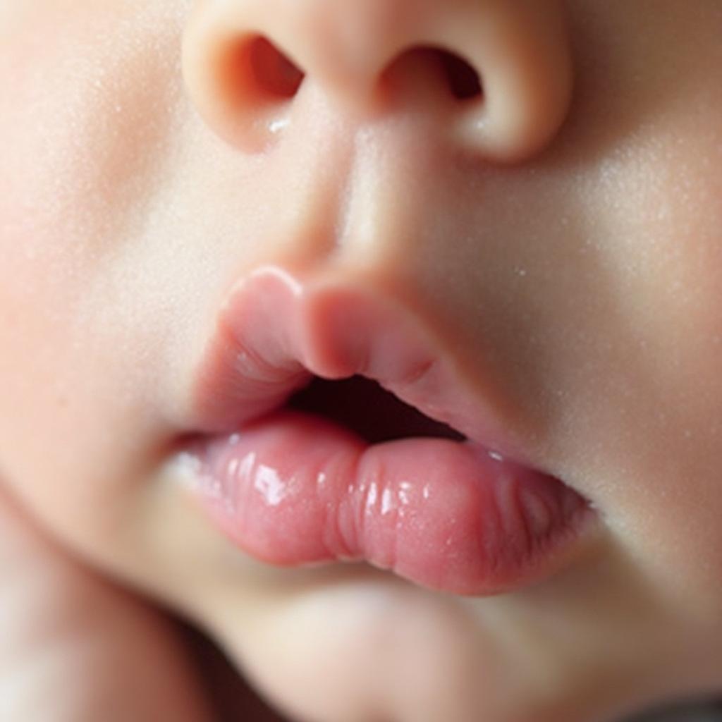 Close-up of a newborn baby's chapped lips, showing dryness and slight redness.