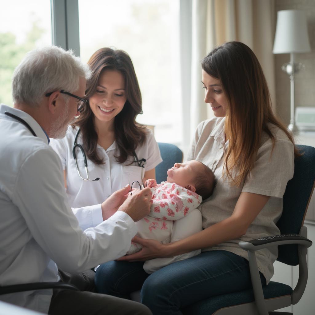 Parents with their newborn baby at a doctor's appointment