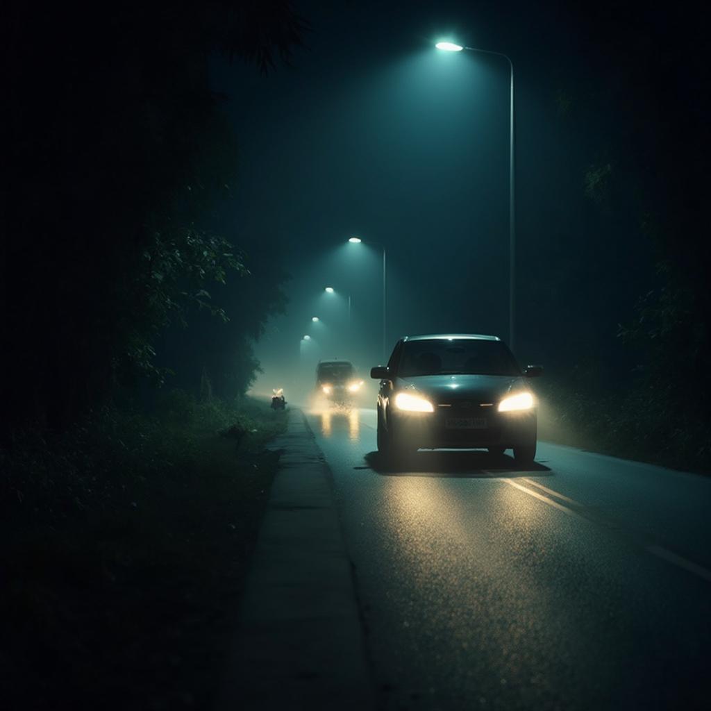 Car driving at night in India, showcasing headlights illuminating the road ahead.