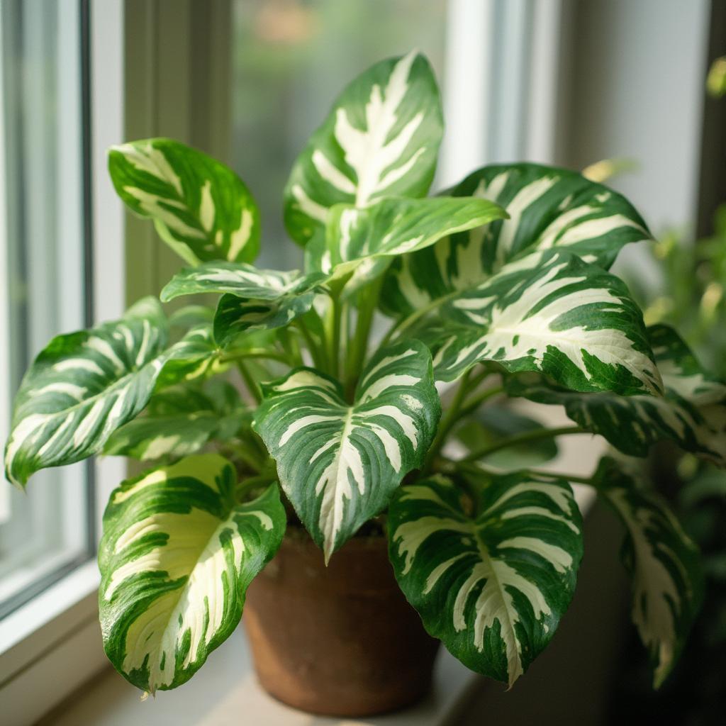 N'Joy Pothos basking in bright, indirect light, showcasing its vibrant white and green variegated leaves.