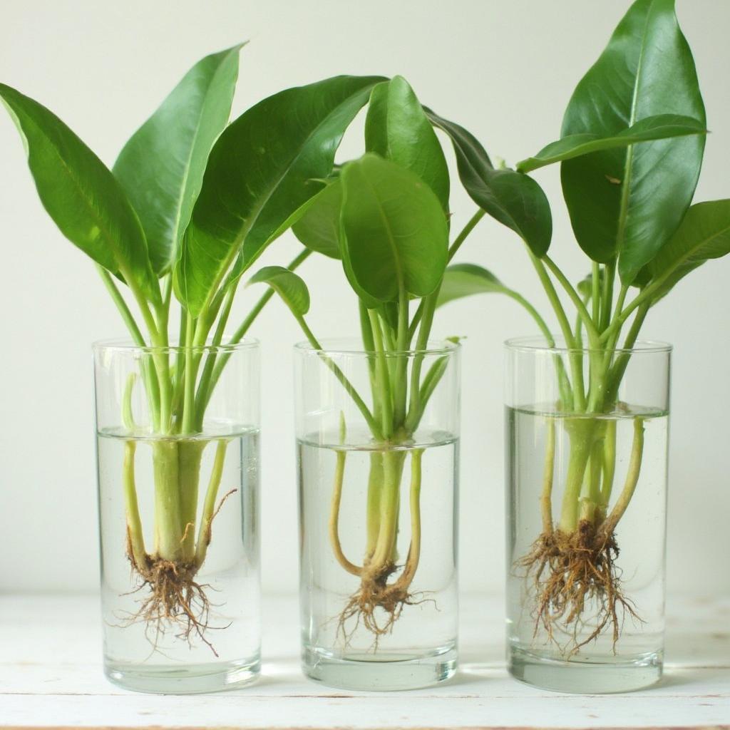 Step-by-step guide to propagating N'Joy Pothos using stem cuttings in water, showing the development of new roots.