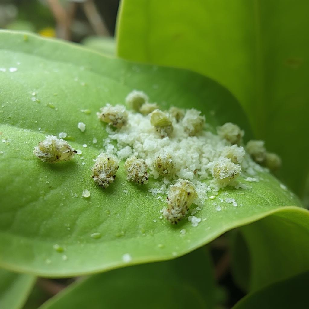 Orchid leaf with a mealybug infestation