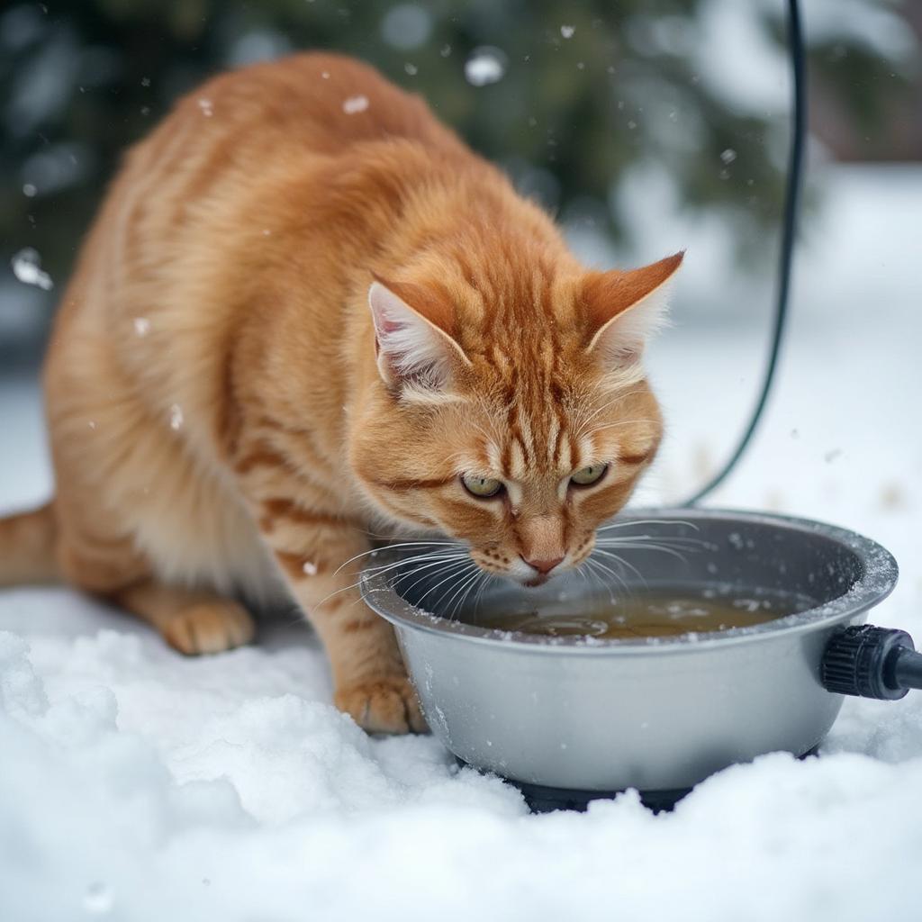 Outdoor Cat Drinking from a Heated Water Bowl