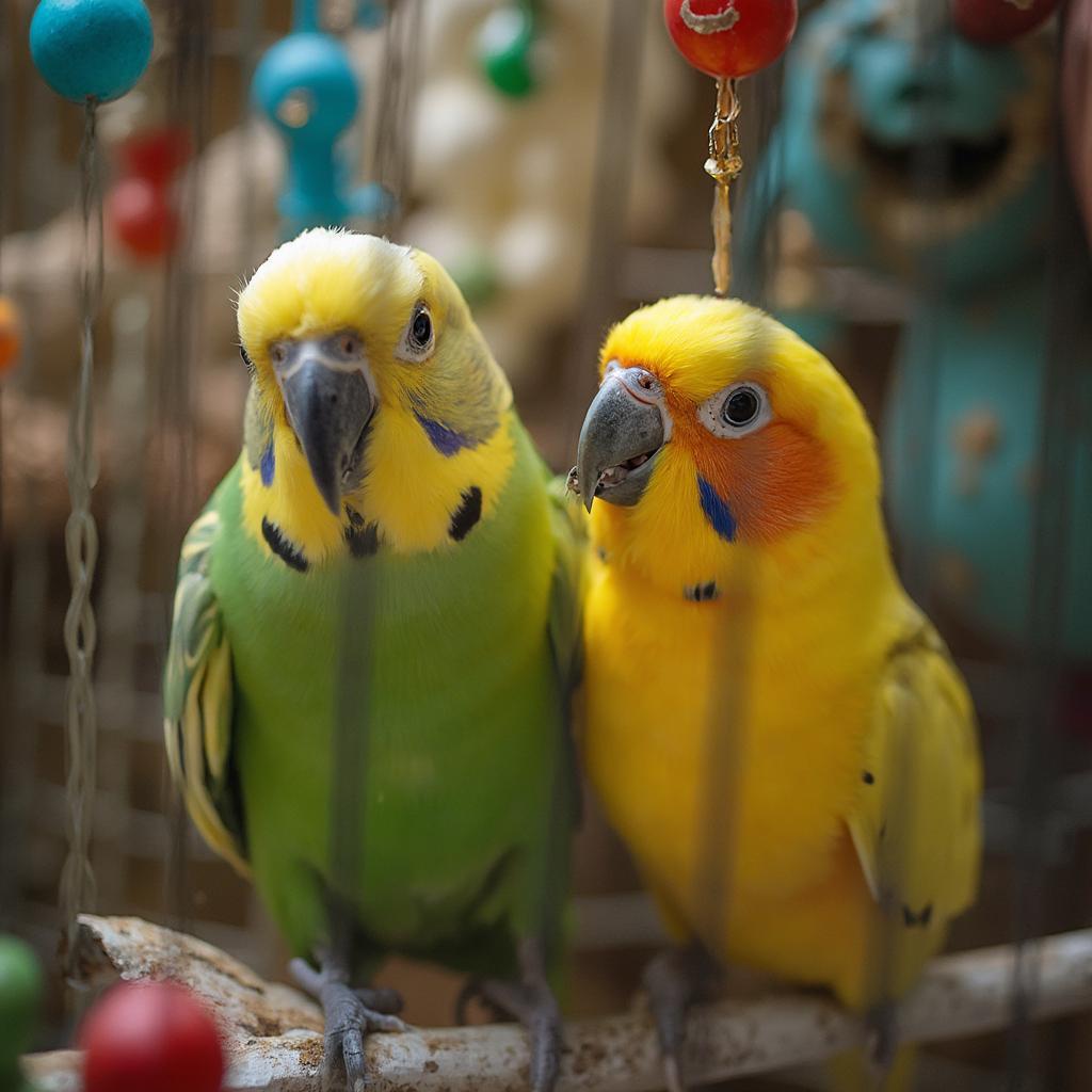 Parakeet Engaging with Toys