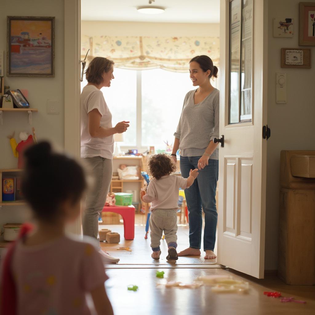 Parent and child visiting a daycare center to meet the staff and other children