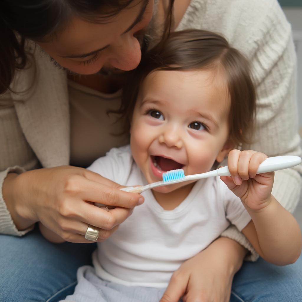 Parent brushing their toddler's teeth