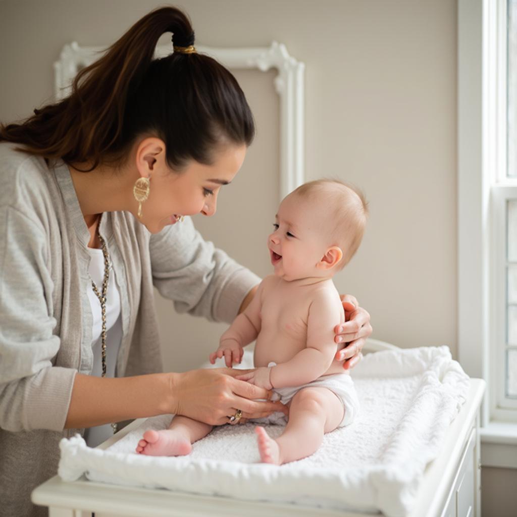 Parent changing their two-month-old baby's diaper