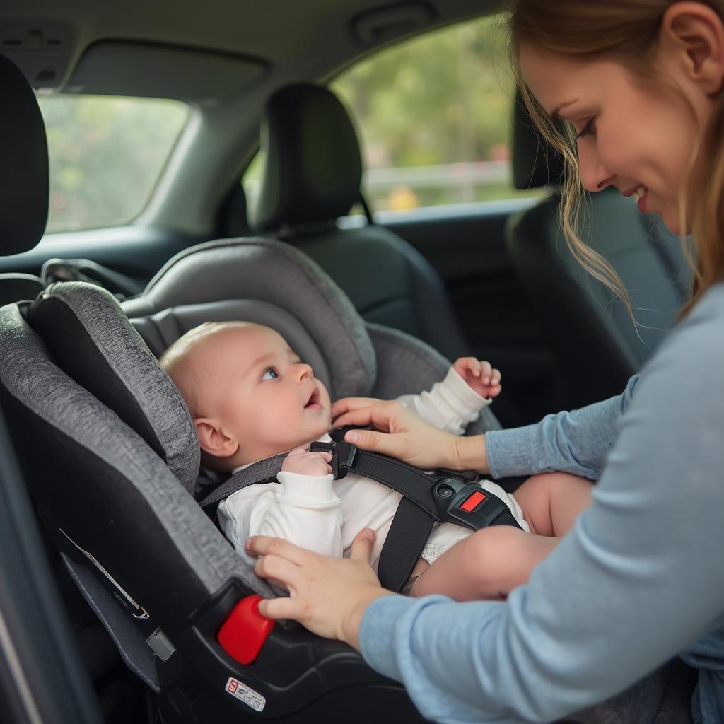 Parent checking baby after car seat tip over