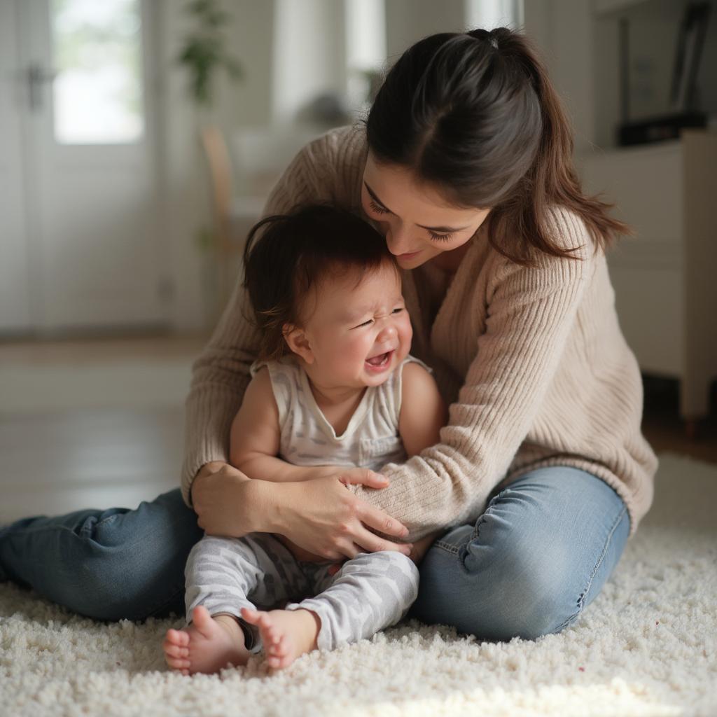 Parent comforting a crying toddler