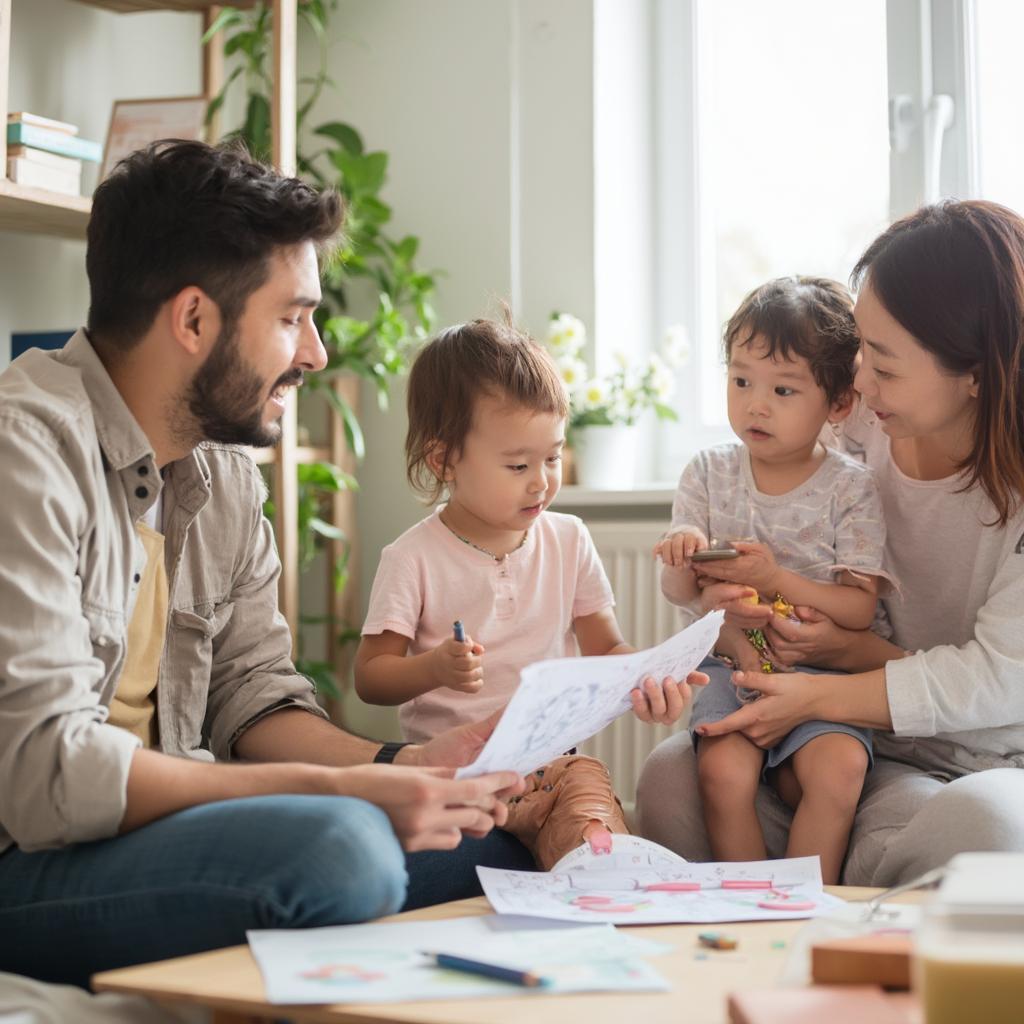 Parents discussing child care expenses