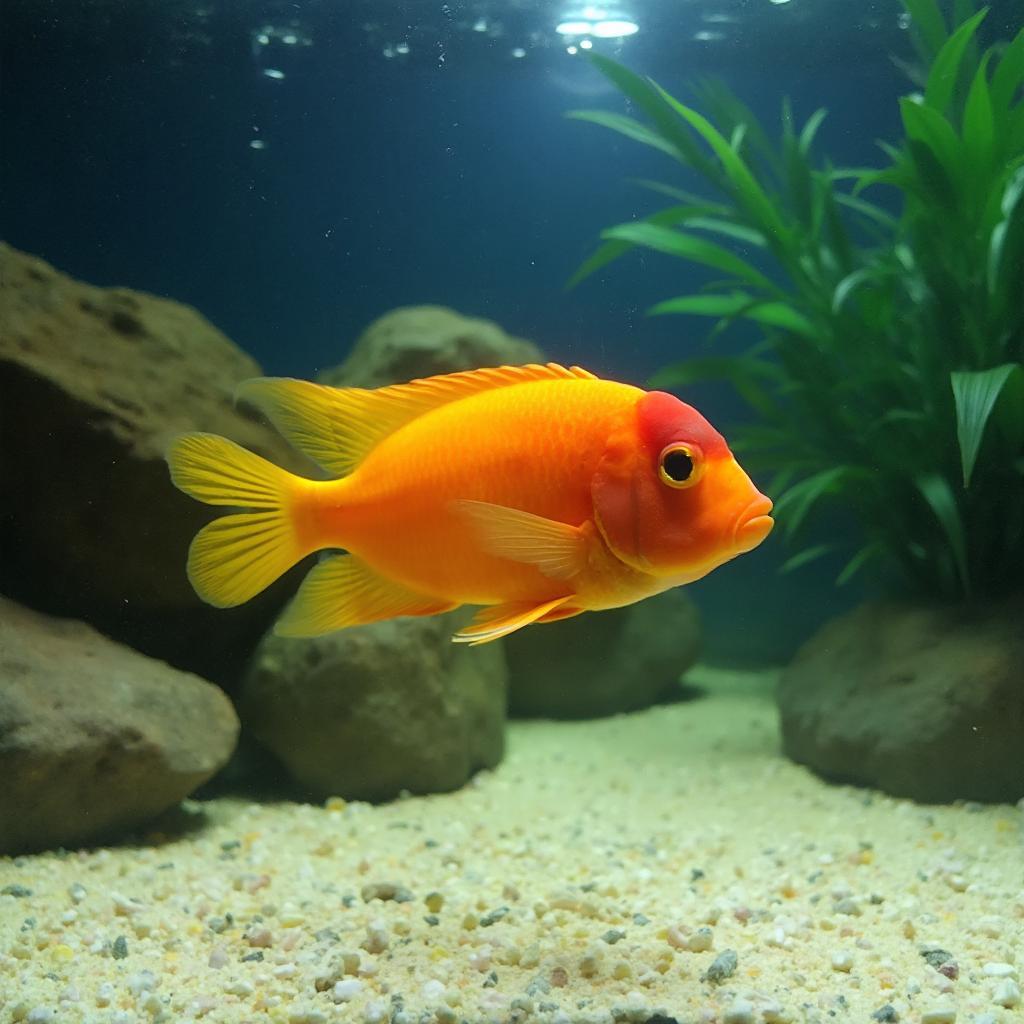 Parrot fish swimming in a well-maintained aquarium with rocks and plants.